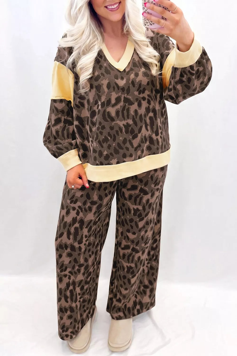 Leopard Print Long Sleeve V-Neck Top & Wide Leg Pant Set