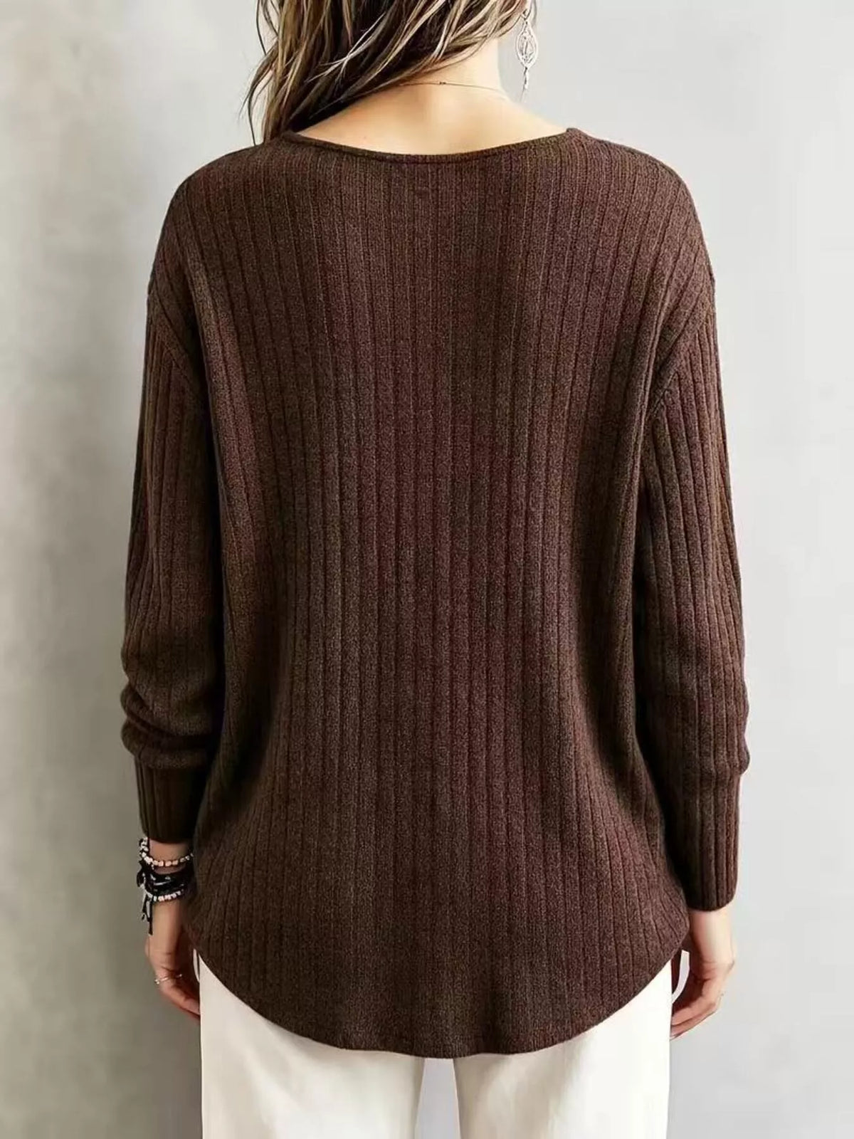 V-Neck Ribbed Long Sleeve T-Shirt