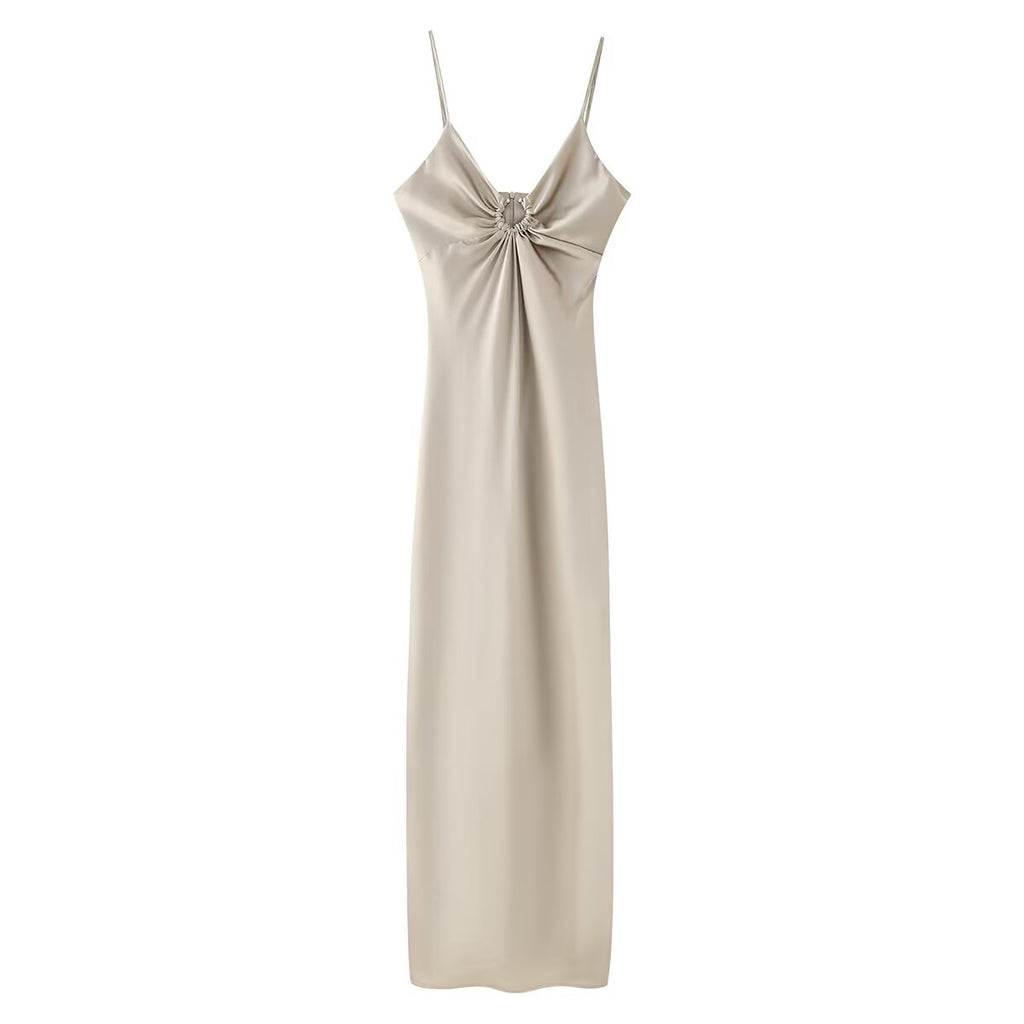 Women Clothing Long Hollow Out Cutout Decorative Satin Sling Dress