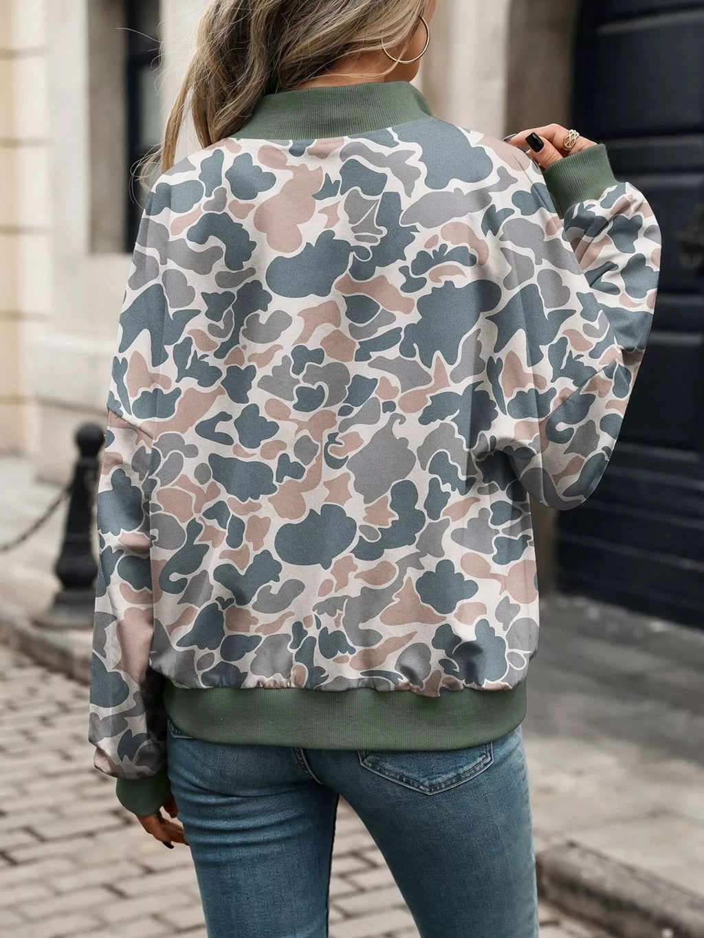 Printed Zip Up Long Sleeve Sweatshirt