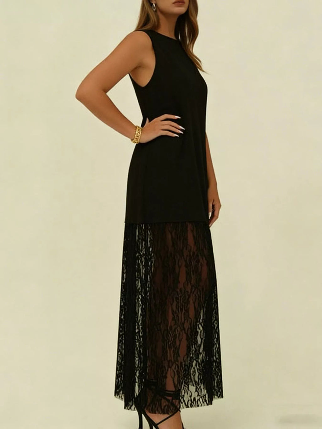 Sleeveless Lace Trim Maxi Dress