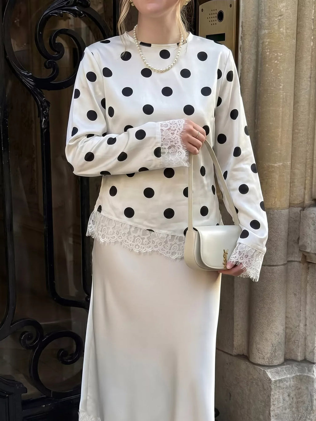 Polka Dot Satin Top with Lace Trim