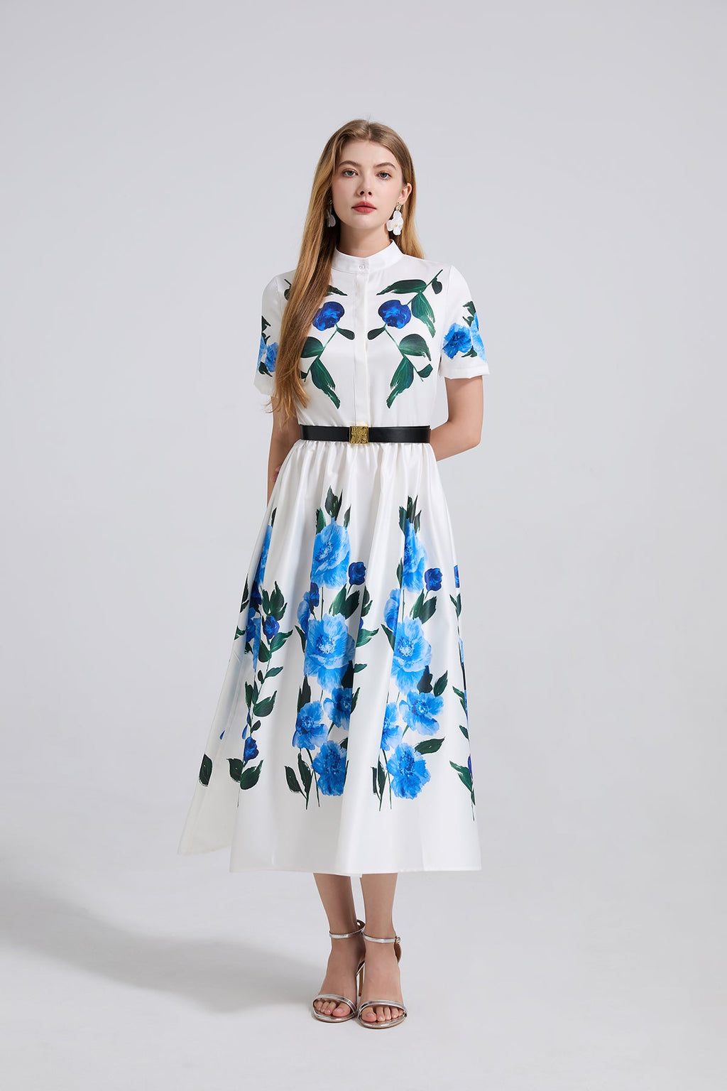 Summer Printed Fitted Dress With High Waist And Short Sleeves A Shaped Dress Comes With A Belt