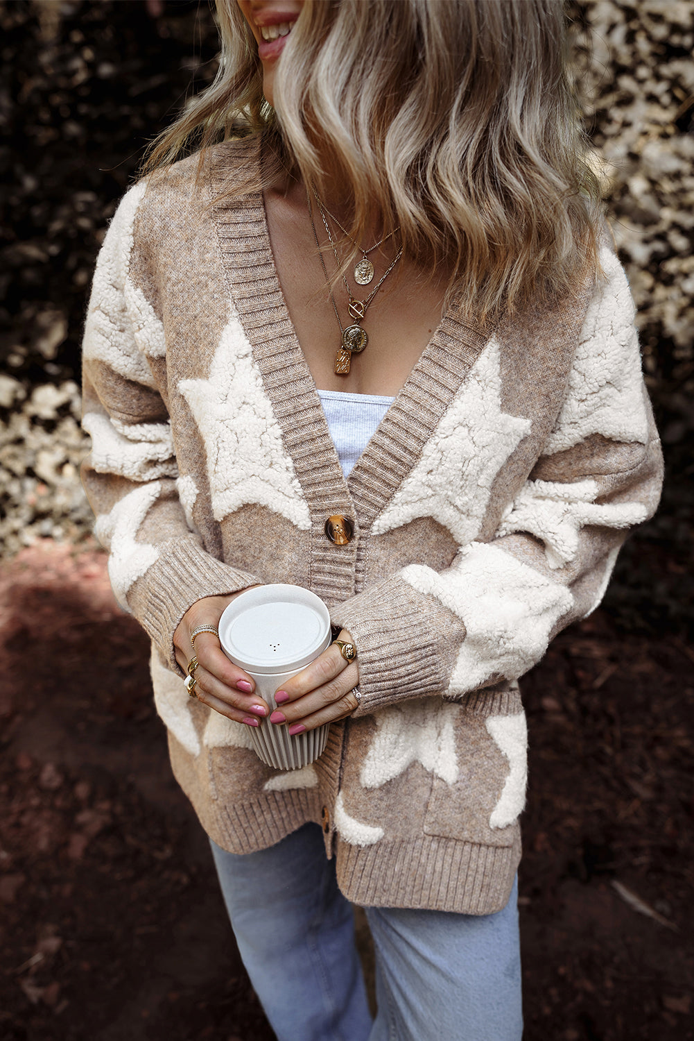 Star Sherpa Textured Buttoned Sweater Cardigan