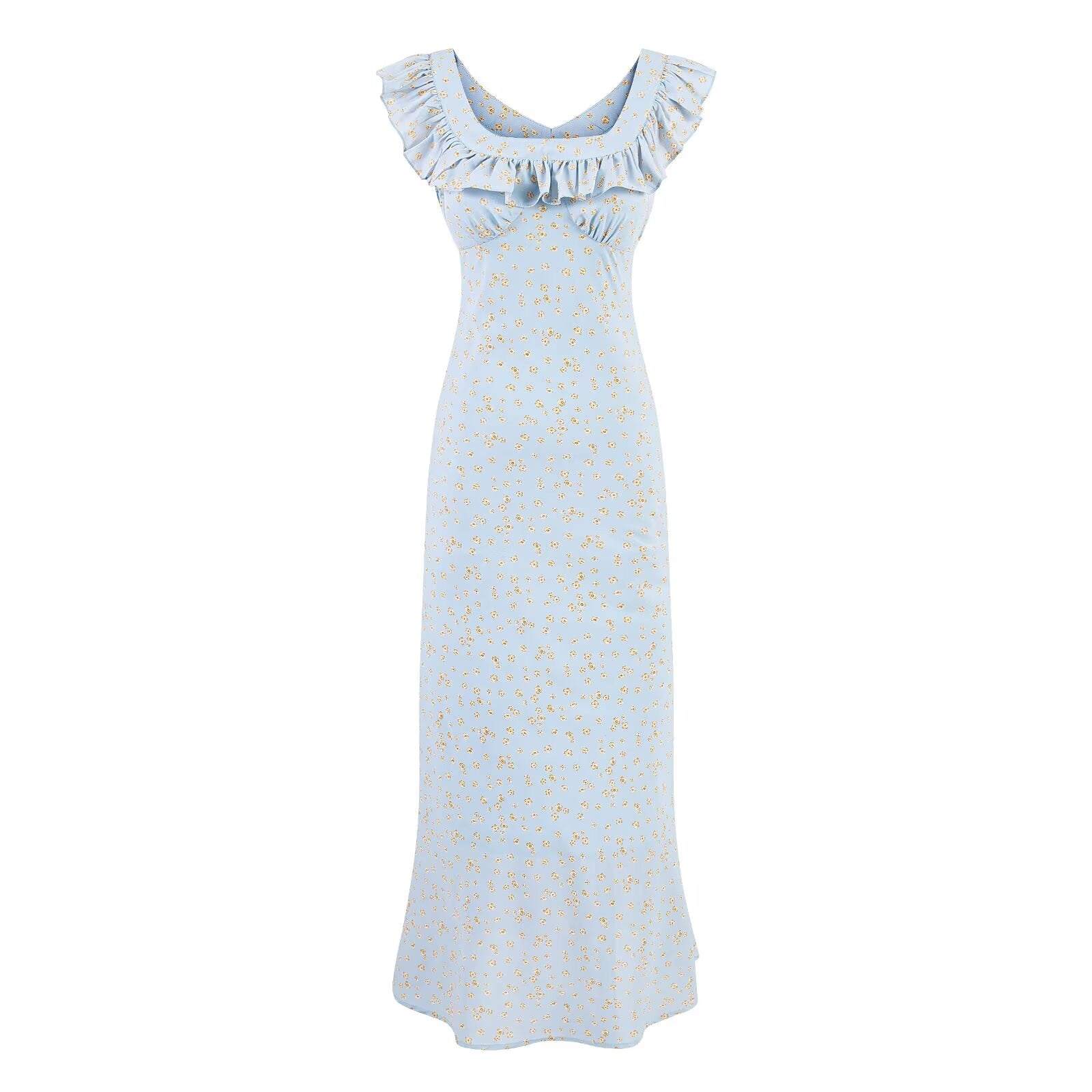 Vintage Floral Mid Length Lace Skirt Sexy Slim Ruffle Collar Summer Vacation Spaghetti Straps Dress