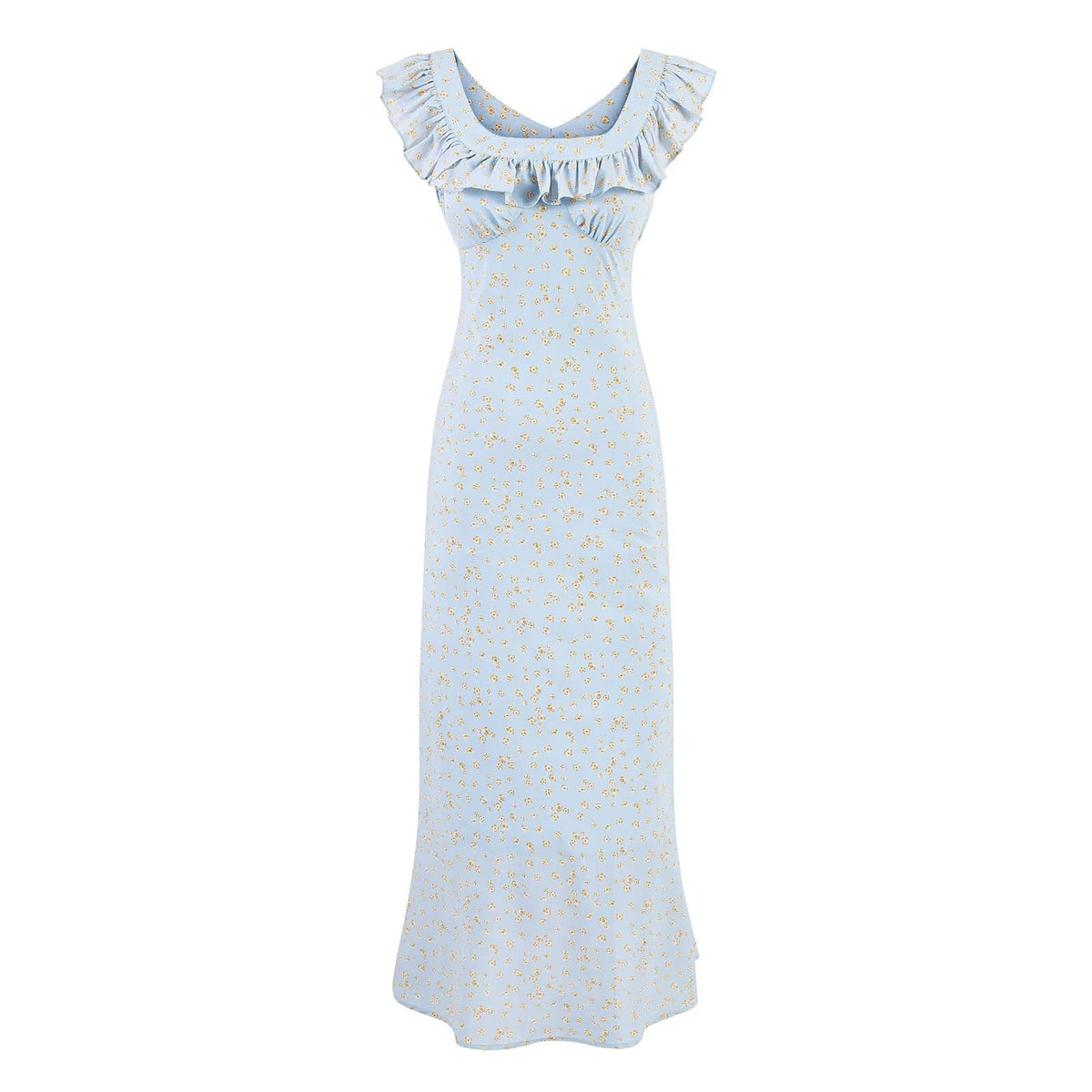 Vintage Floral Mid Length Lace Skirt Sexy Slim Ruffle Collar Summer Vacation Spaghetti Straps Dress