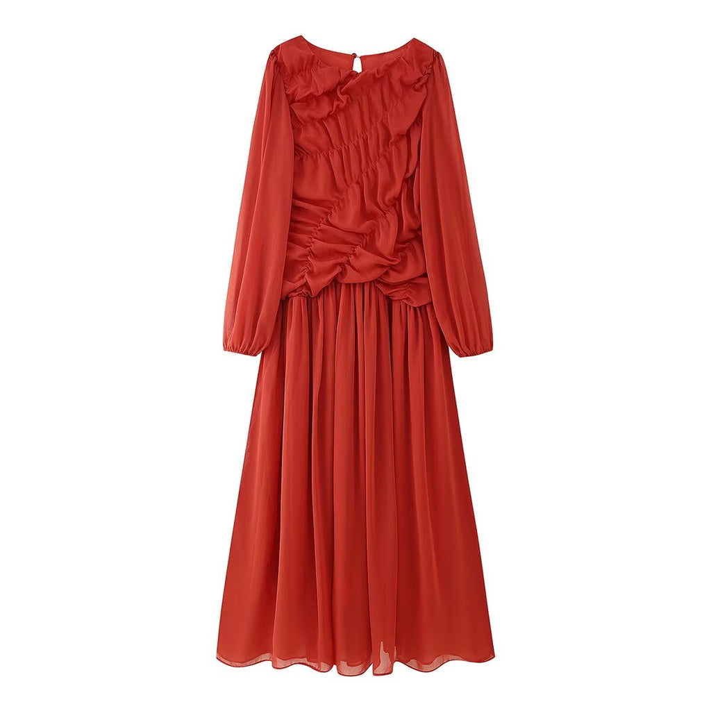 Summer Women Clothing Pleated round Neck Slimming Long Sleeves Women Maxi Dress