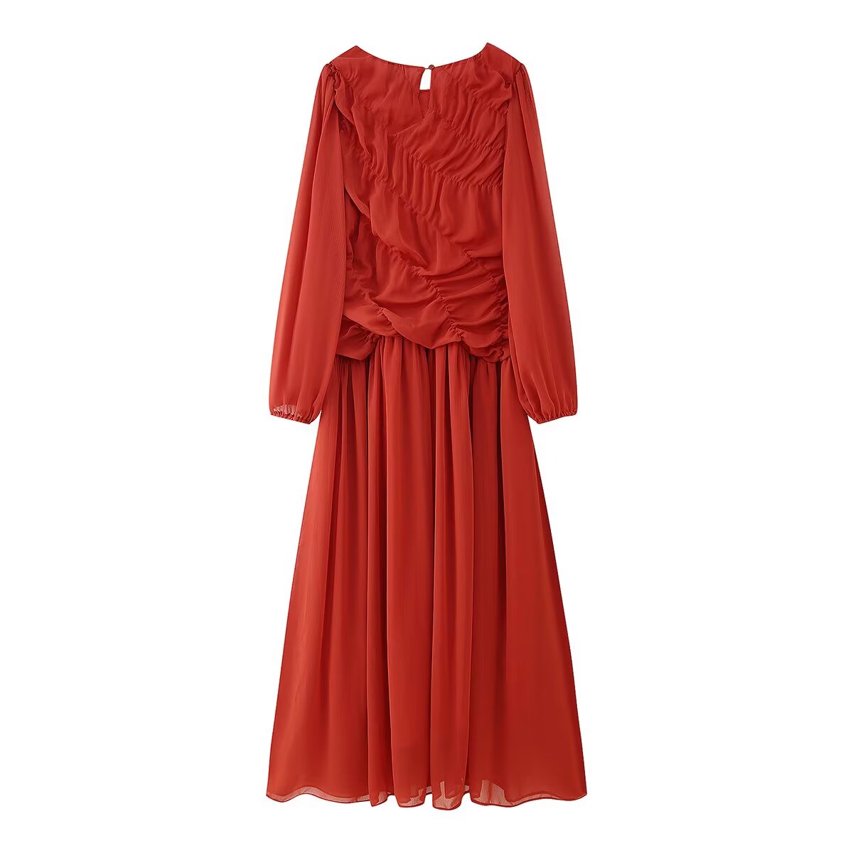 Summer Women Clothing Pleated round Neck Slimming Long Sleeves Women Maxi Dress