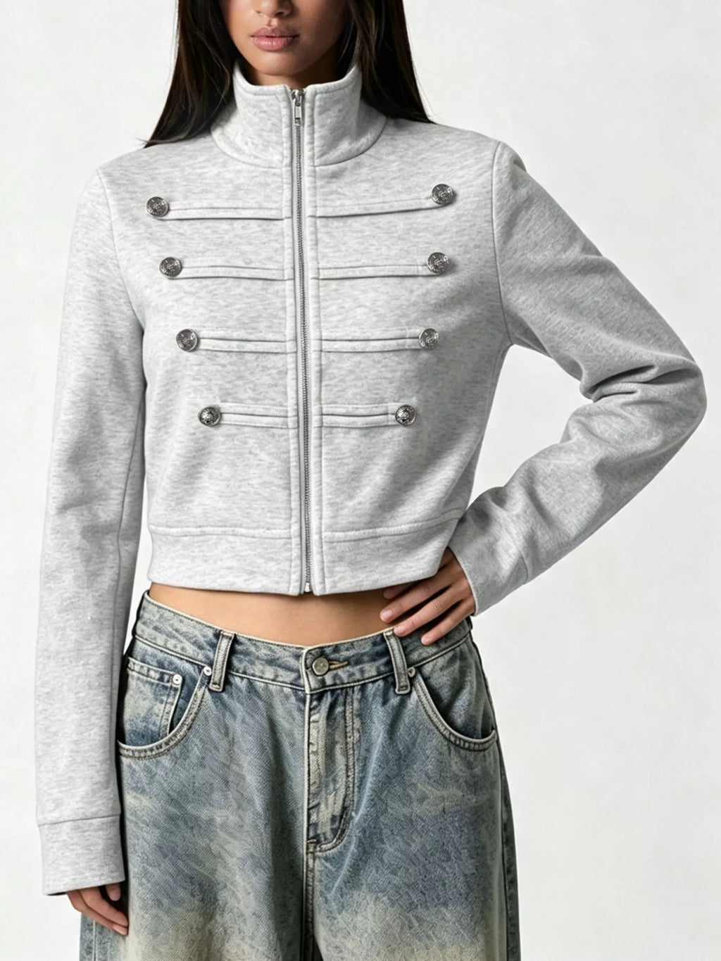 Cropped Zip-Up Outerwear with Decorative Buttons
