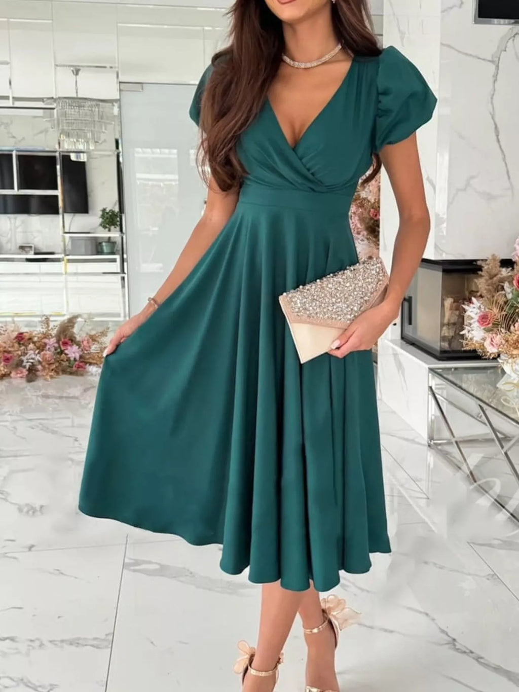 Surplice Puff Sleeve Midi Dress