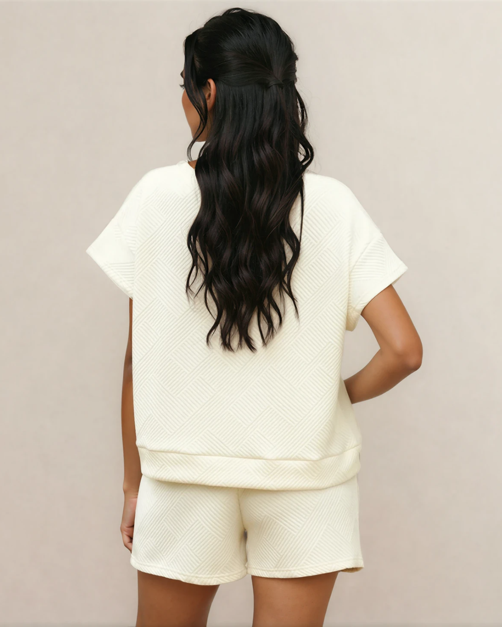 Astrid Textured Short Sleeve Top and Shorts Set - Cream