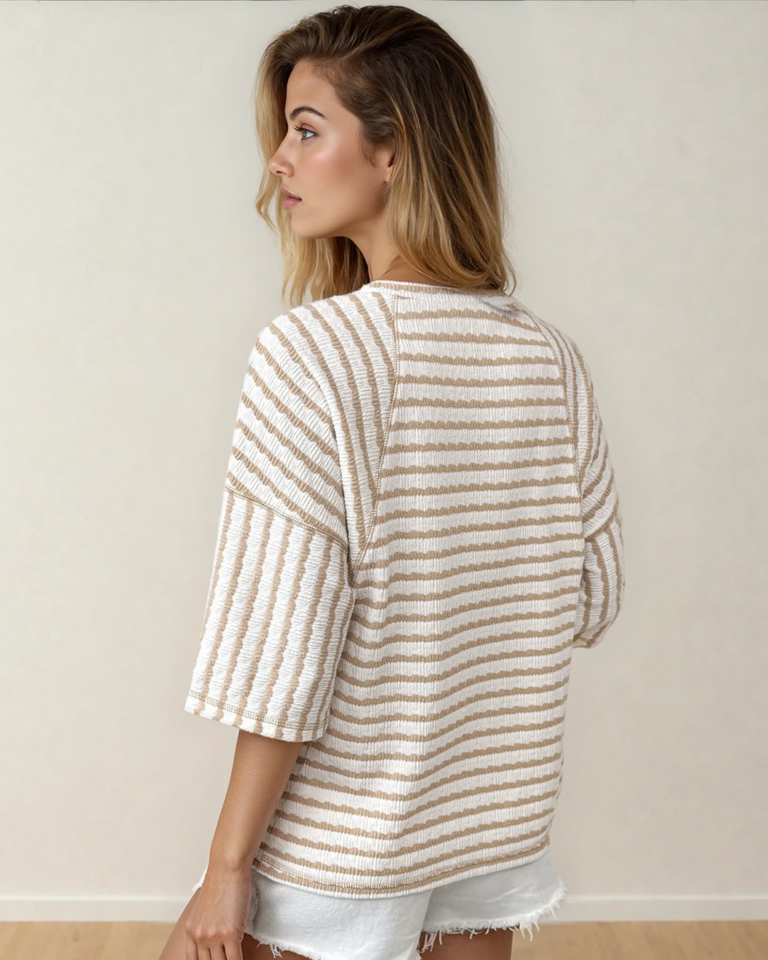 Noelle Textured Knit Split Hem Half Sleeve Loose Top - Apricot