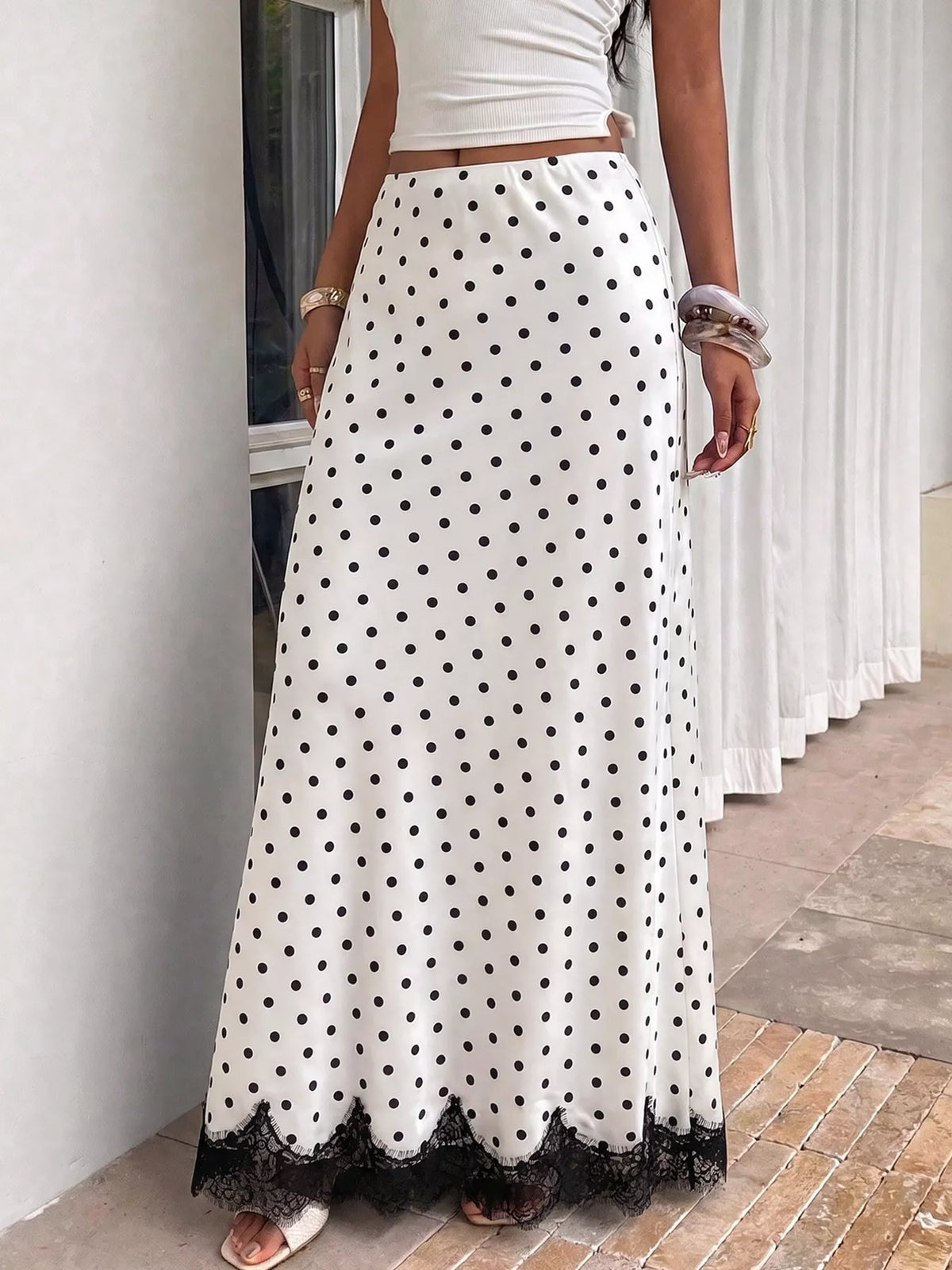 Lace Hem Polka Dot High-Waisted Maxi Skirt