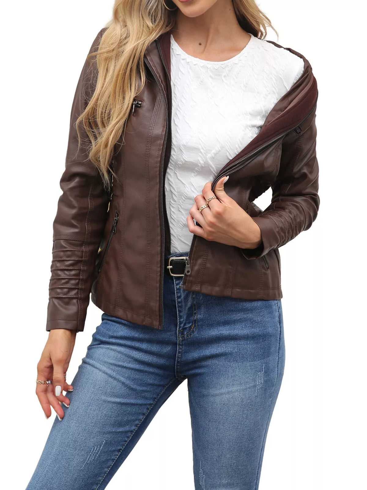 Full Size Detachable Hooded Faux Leather Moto Jacket Plus Size