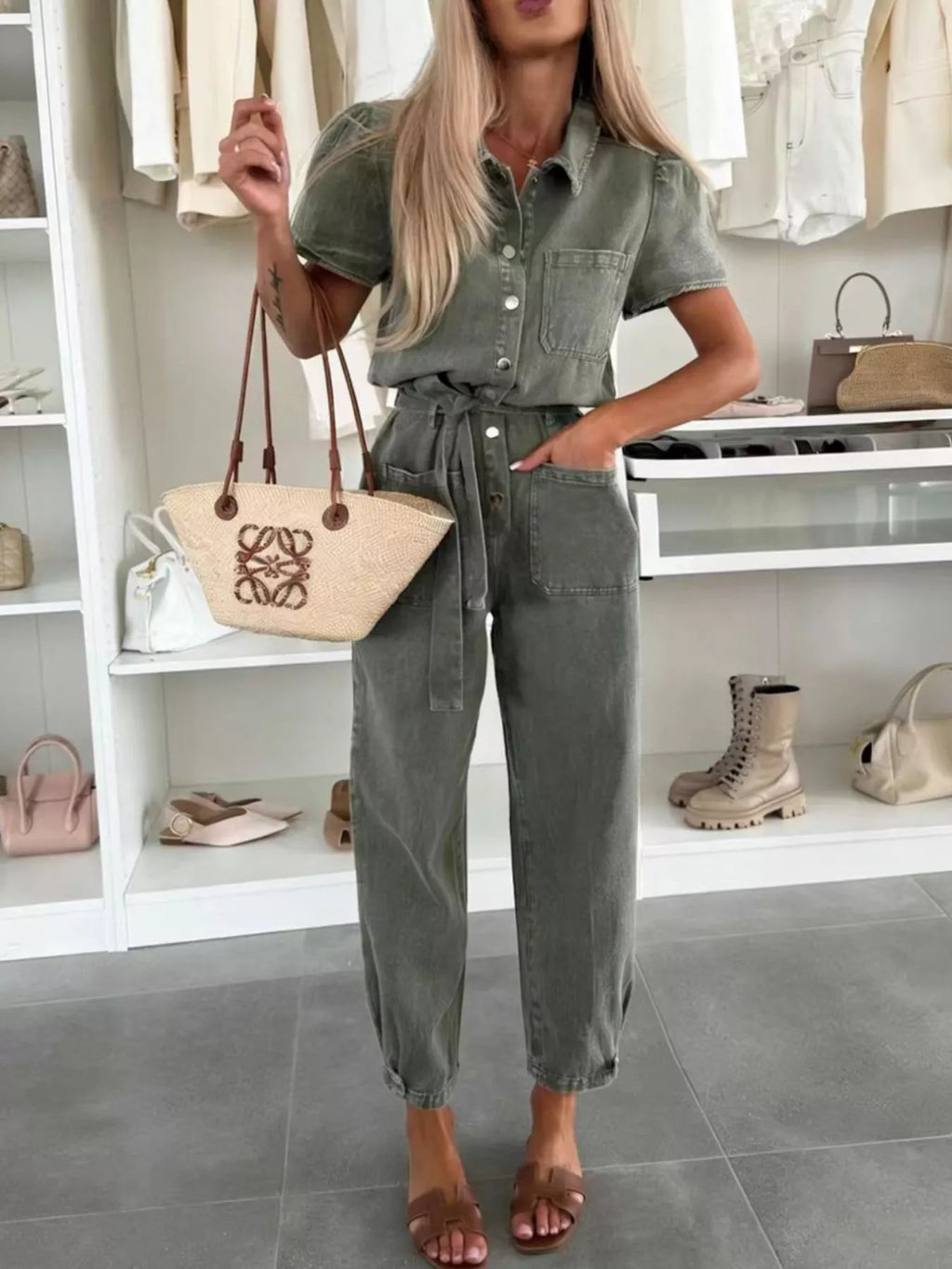 Vintage Wash Short Sleeve Denim Jumpsuit