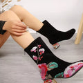 Floral Embroidered Rhinestone Block Heel Boots