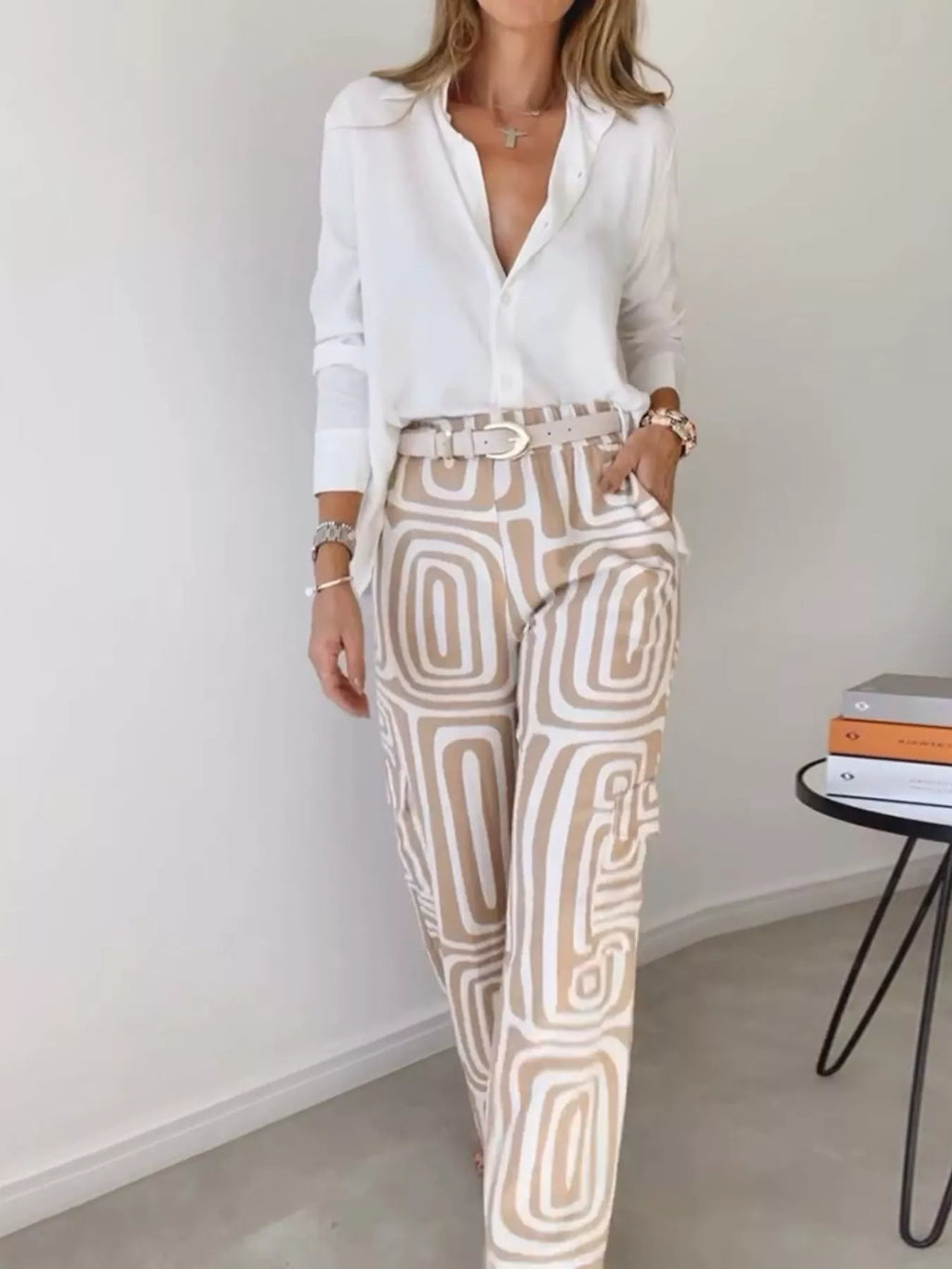 Full Size Chic Button-Down Shirt and Geometric Wide-Leg Pants Set Plus Size