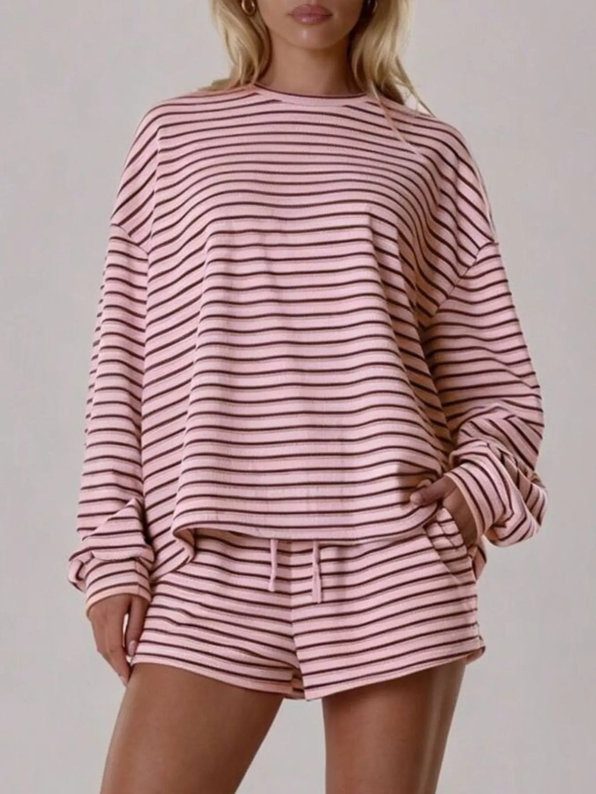 Casual Striped Long-Sleeve Top and Shorts Set