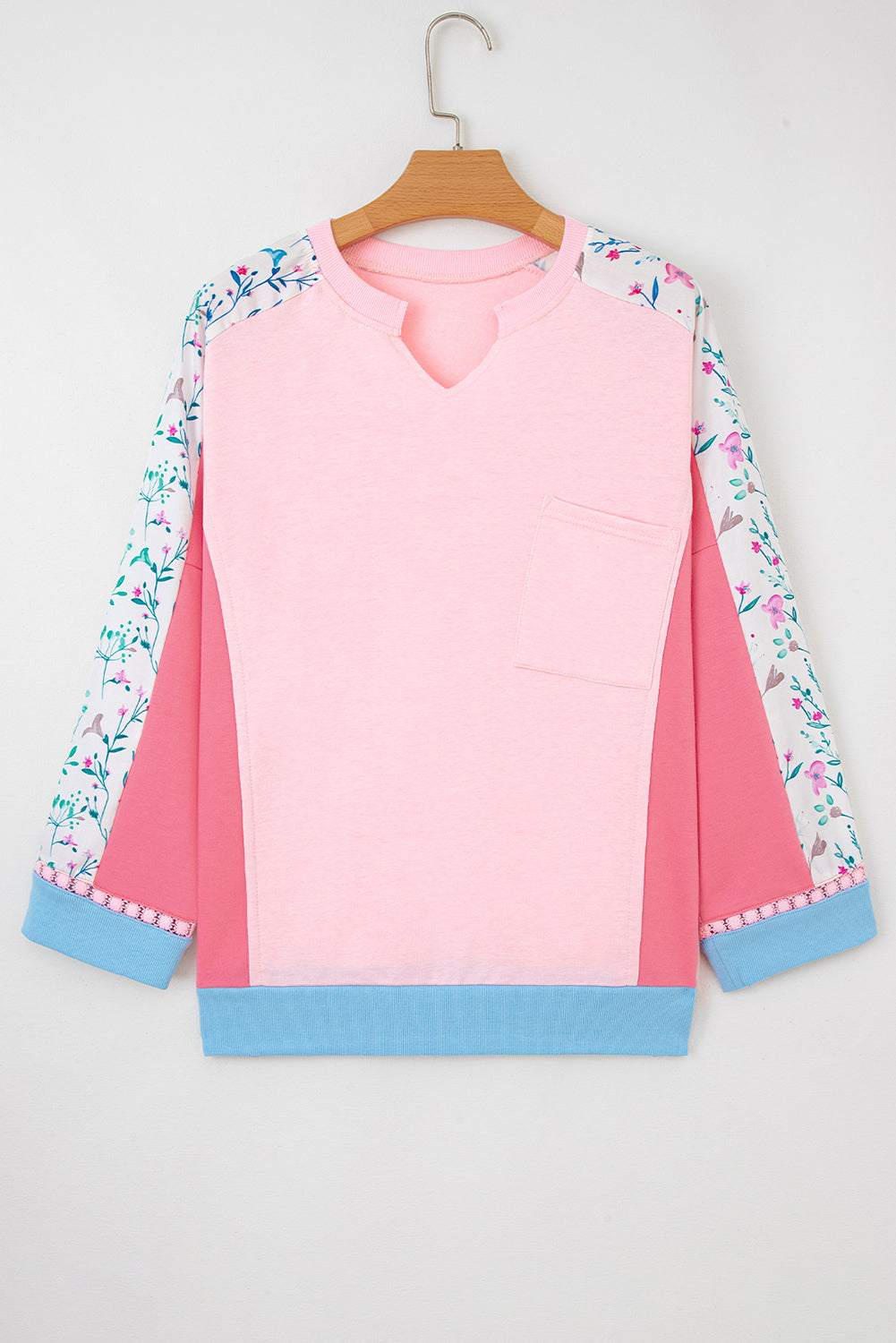 Floral Colorblock Patchwork Chest Pocket Long Sleeve Top