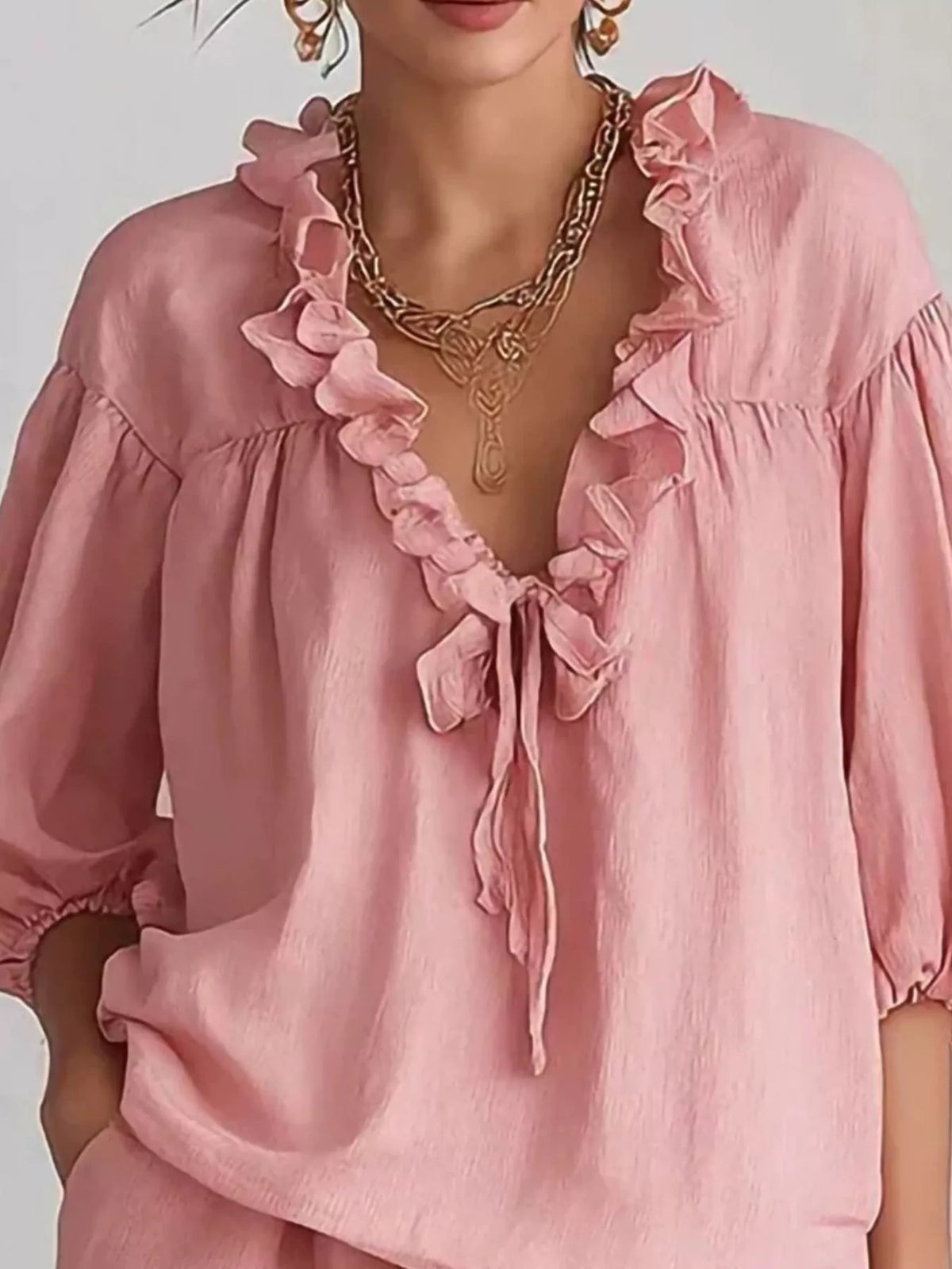 Ruffled V-Neck Blouse and Shorts Set