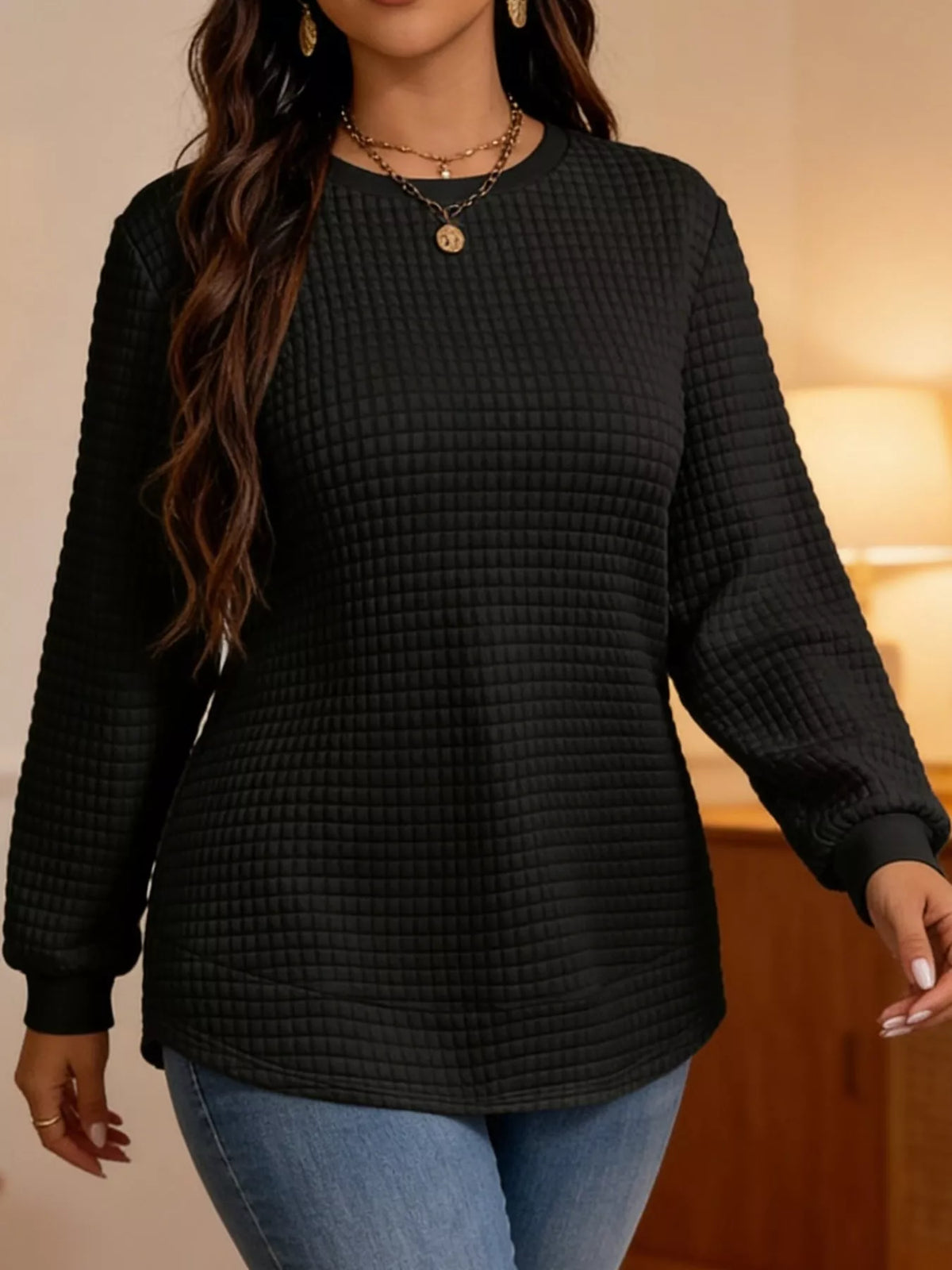 Plus Size Textured Waffle Knit Crew Neck Sweatshirt