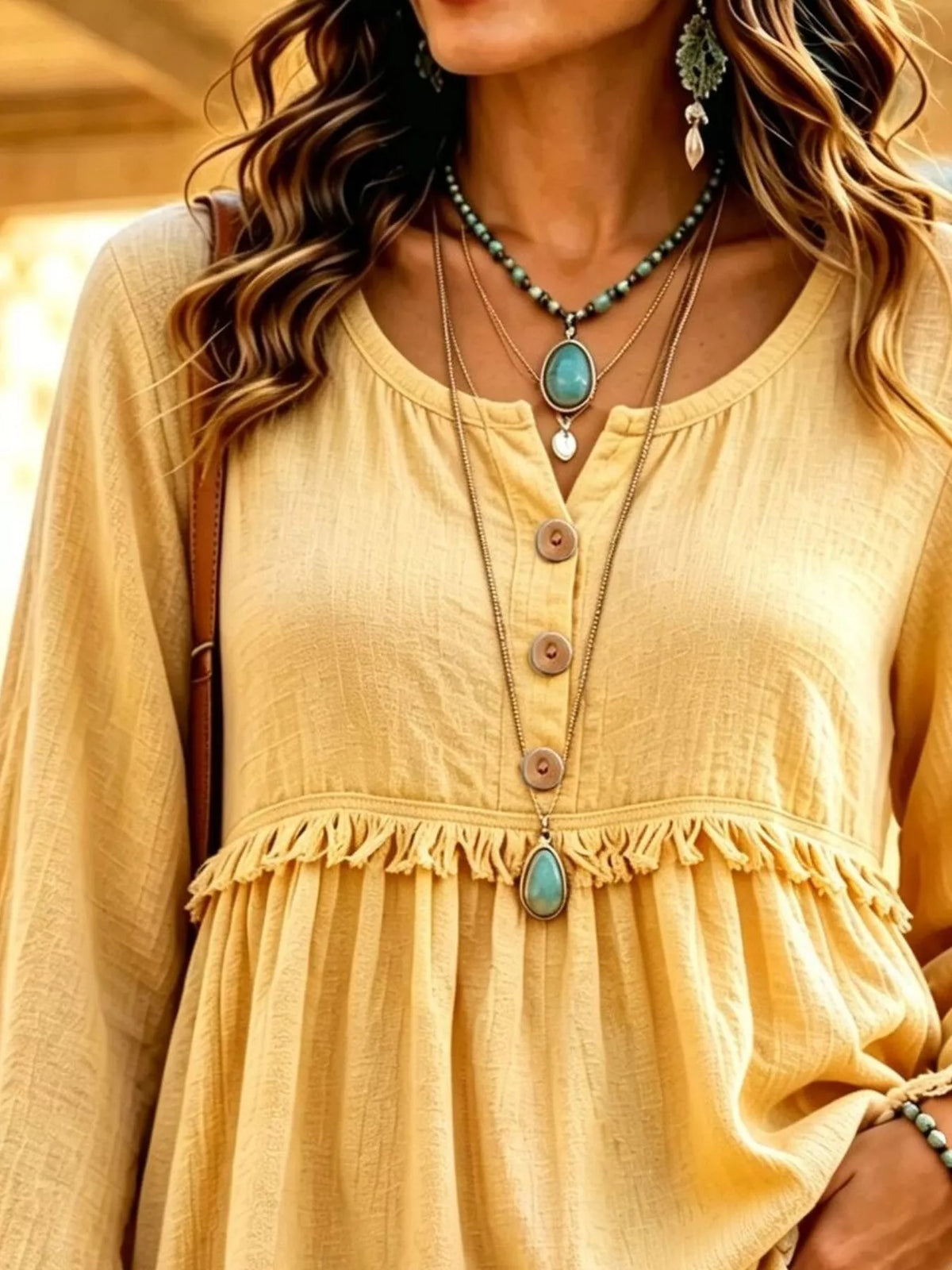 Button-Down Detail Fringed Hem Blouse