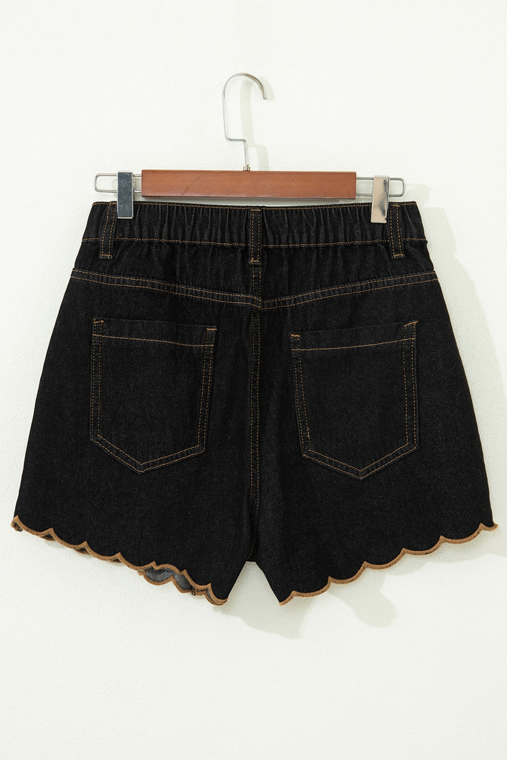 Black Embroidered Scalloped Trim Relaxed Denim Shorts