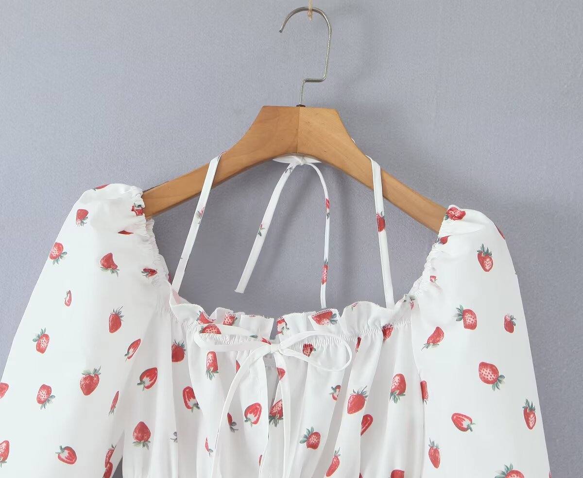 Summer French Sweet Girl Casual Strawberry Printed Square Collar Puff Sleeve Waist Tight Dress