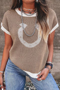 Horse Shoe Pattern Contrast Trim Short Sleeve Sweater