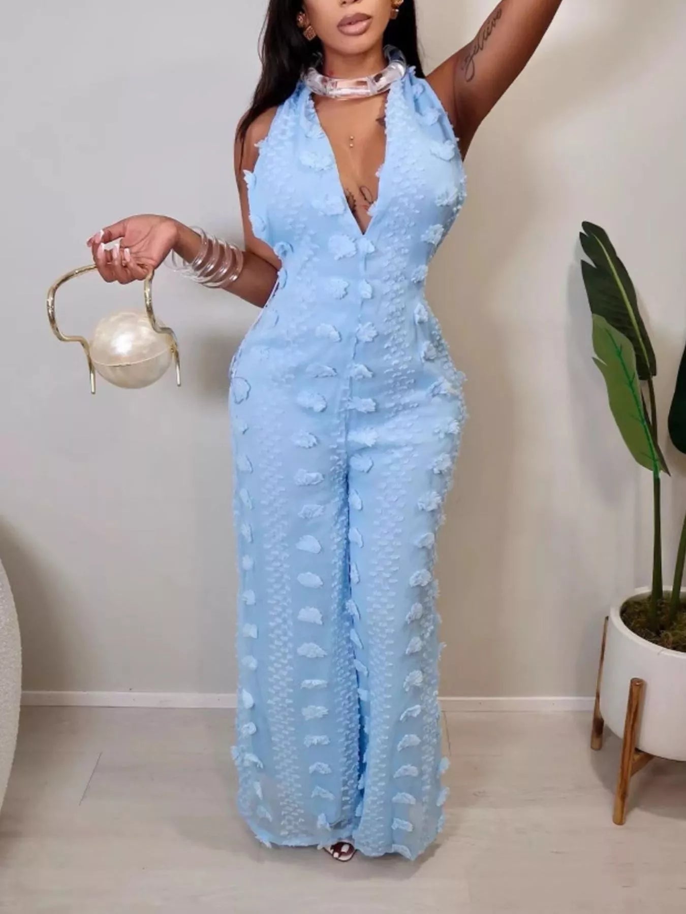 Textured Halter Wide-Leg Jumpsuit
