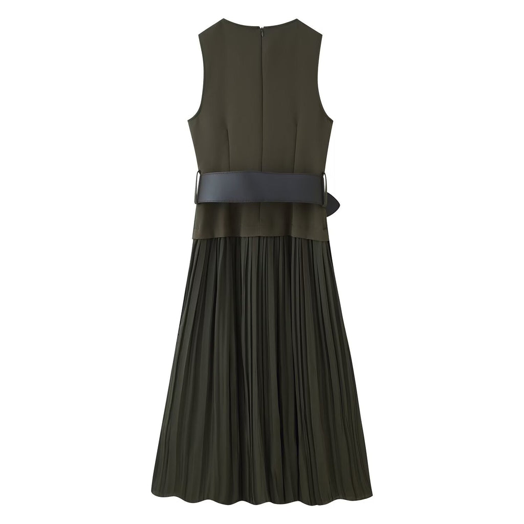 Women Clothing Autumn Lightly Mature with Belt Stitching Ruffle Midi Dress