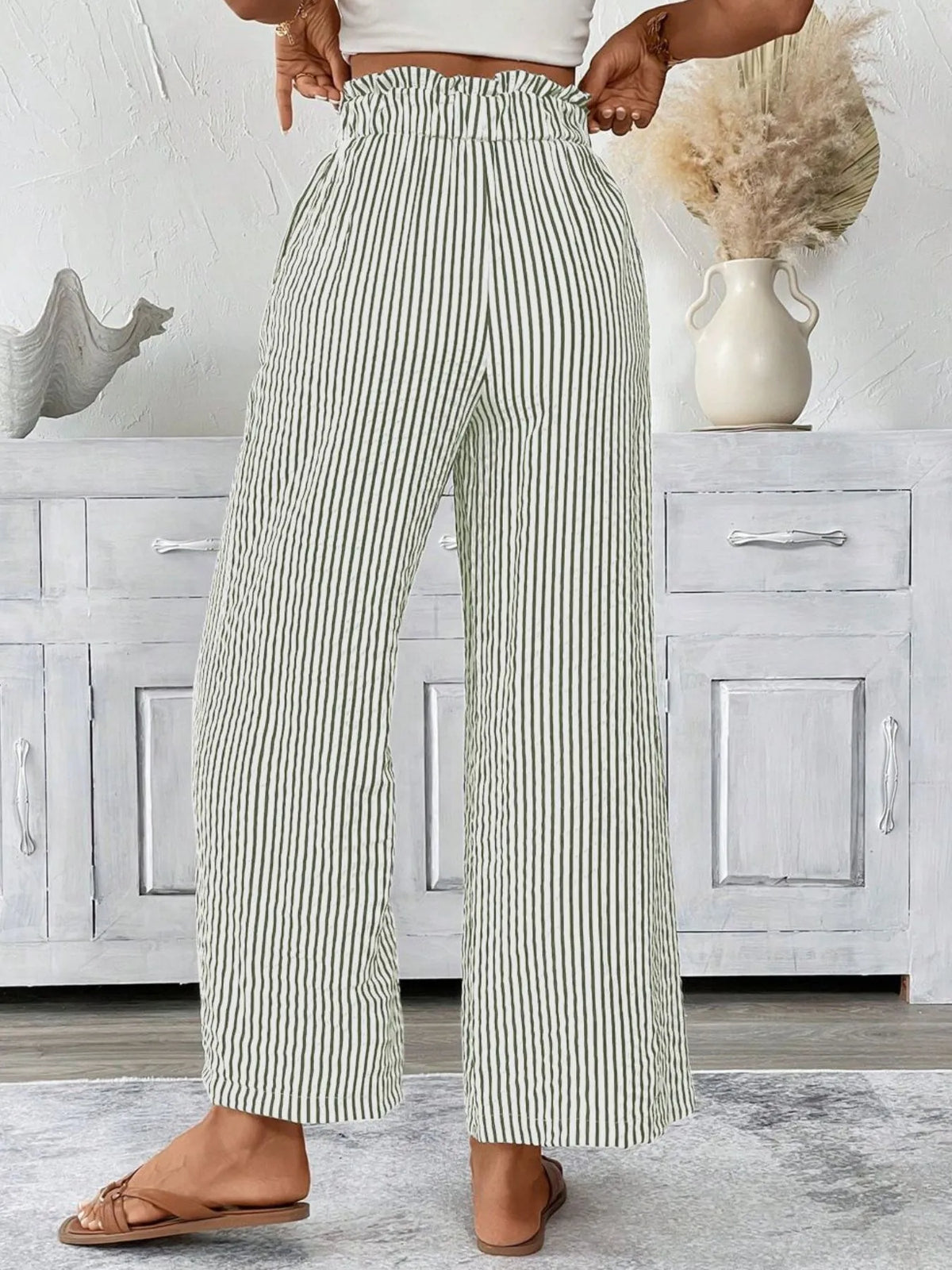 Full Size Striped Wide Leg Paper Bag Pants Plus Size