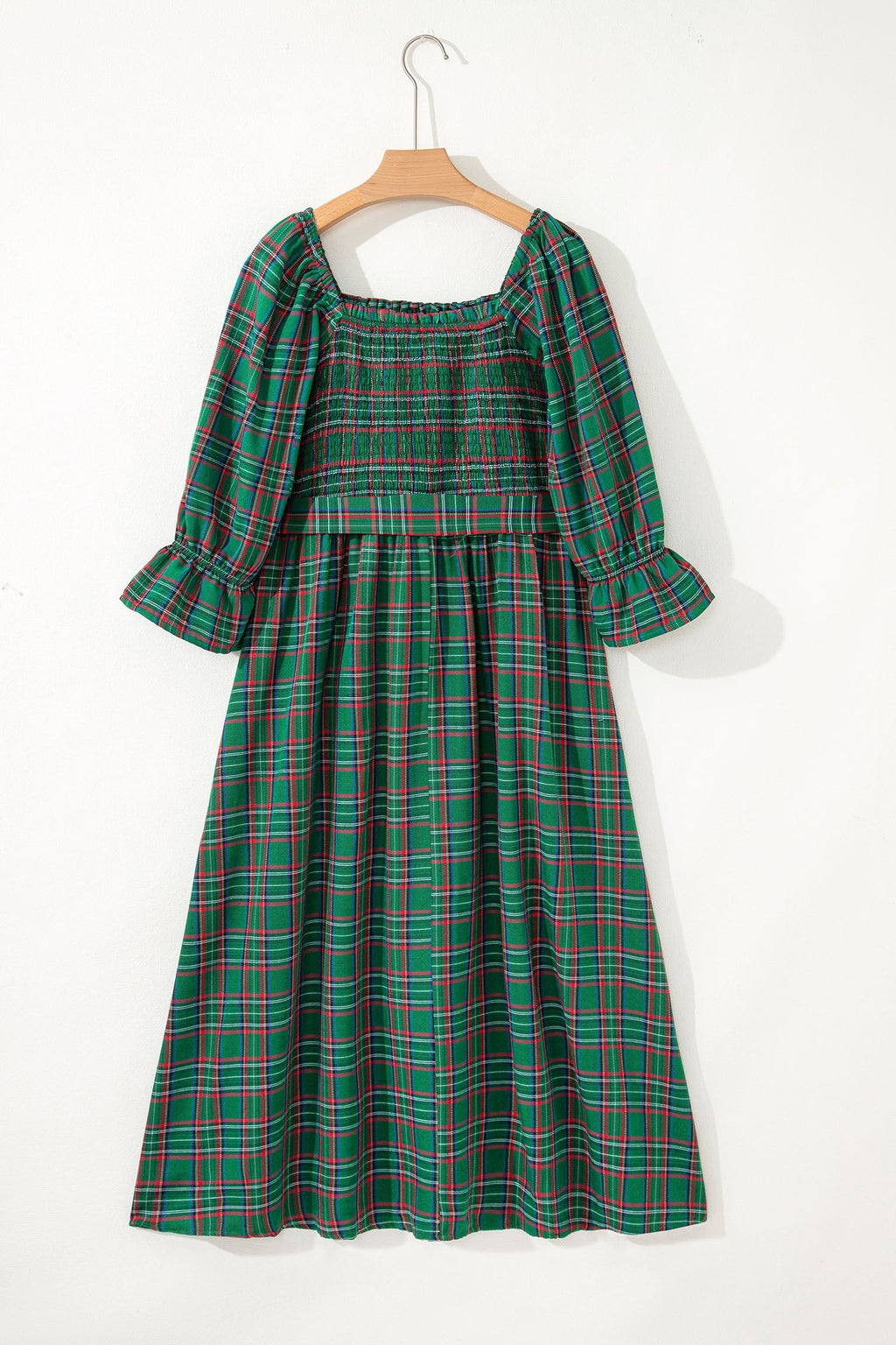 Plaid Square Neck Puff Sleeve Belted Midi Dress