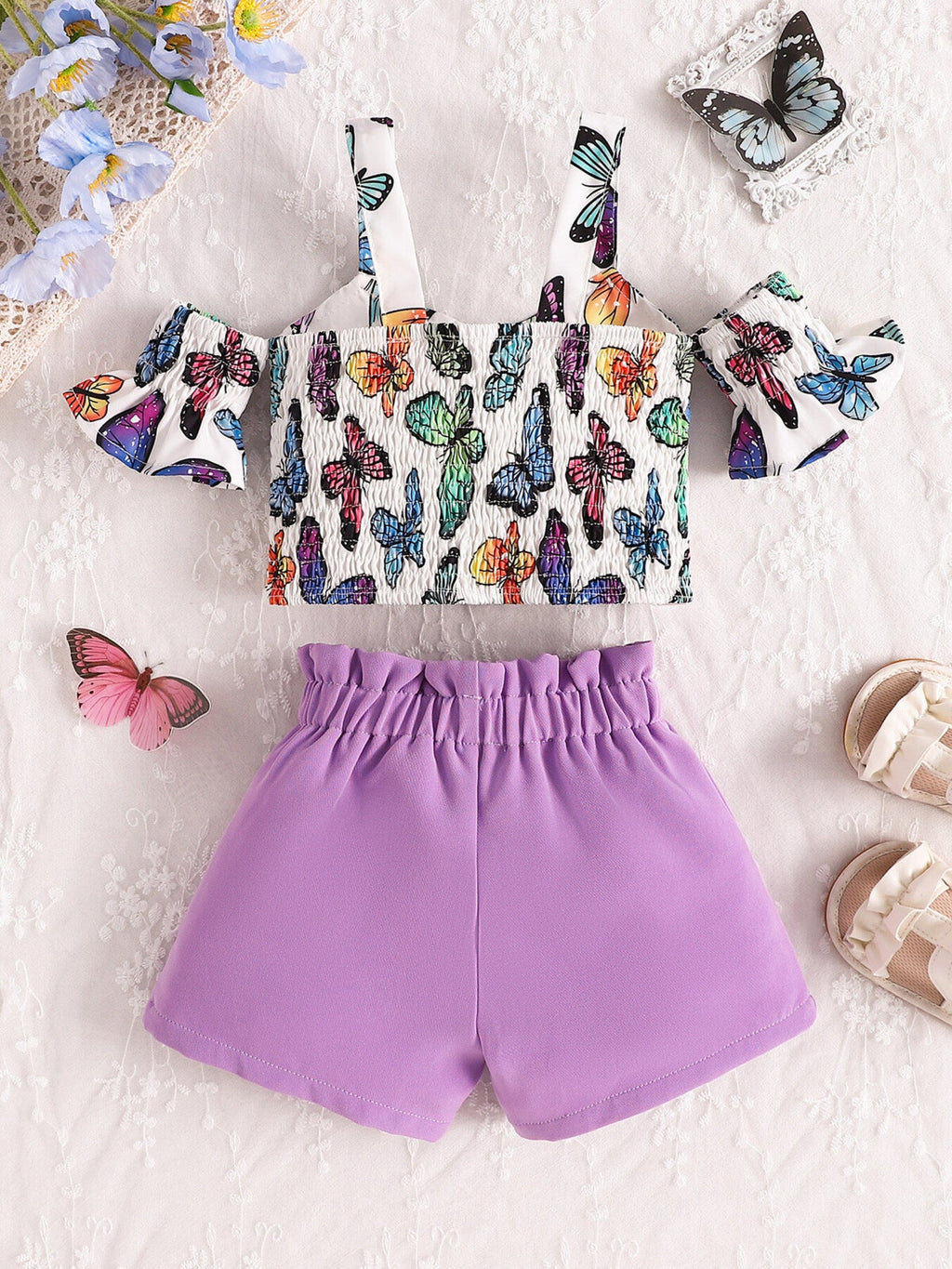 Children's Butterfly Print Bowknot Crop Top & Ruffle Shorts Set