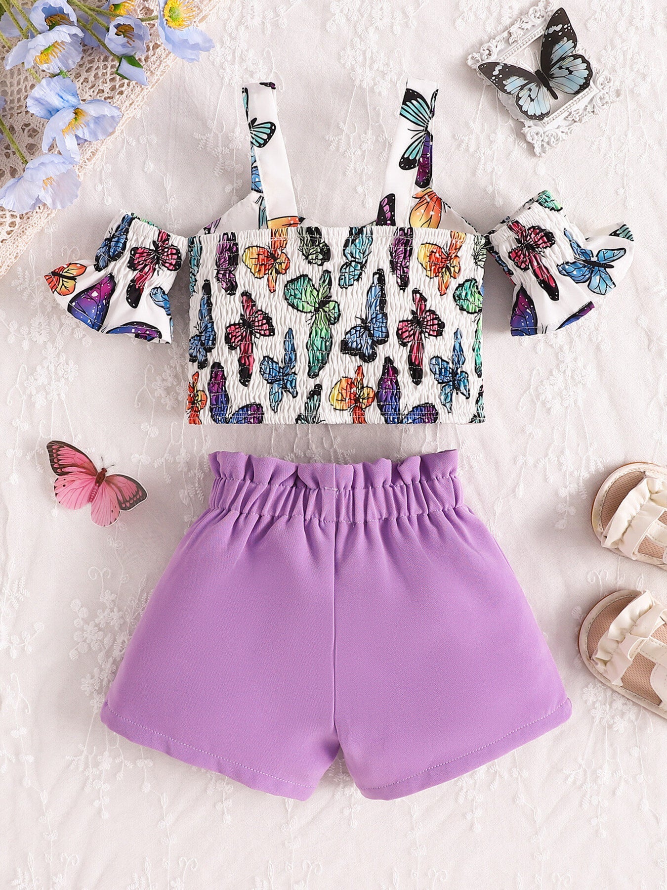 Children's Butterfly Print Bowknot Crop Top & Ruffle Shorts Set