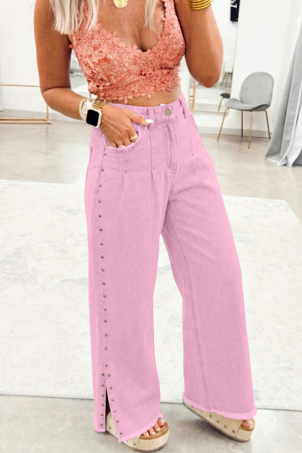 Pink Beaded Side Detail Split Loose Jeans