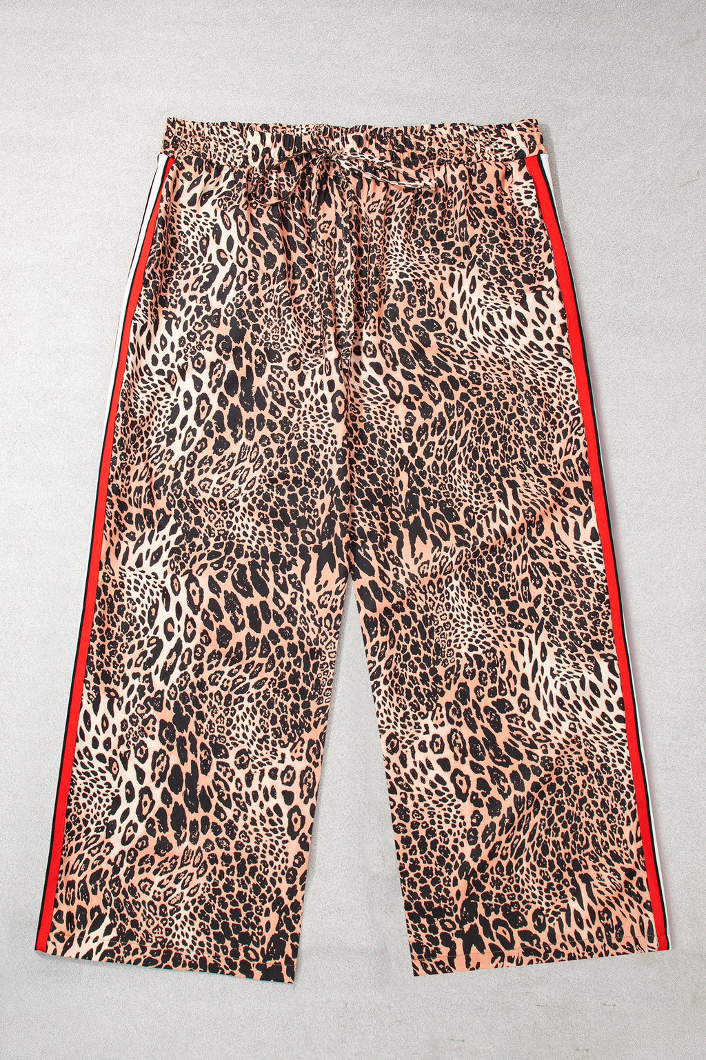 Khaki Leopard Print Colorblock Side Stripes Wide Leg Full Length Plus Size Pants