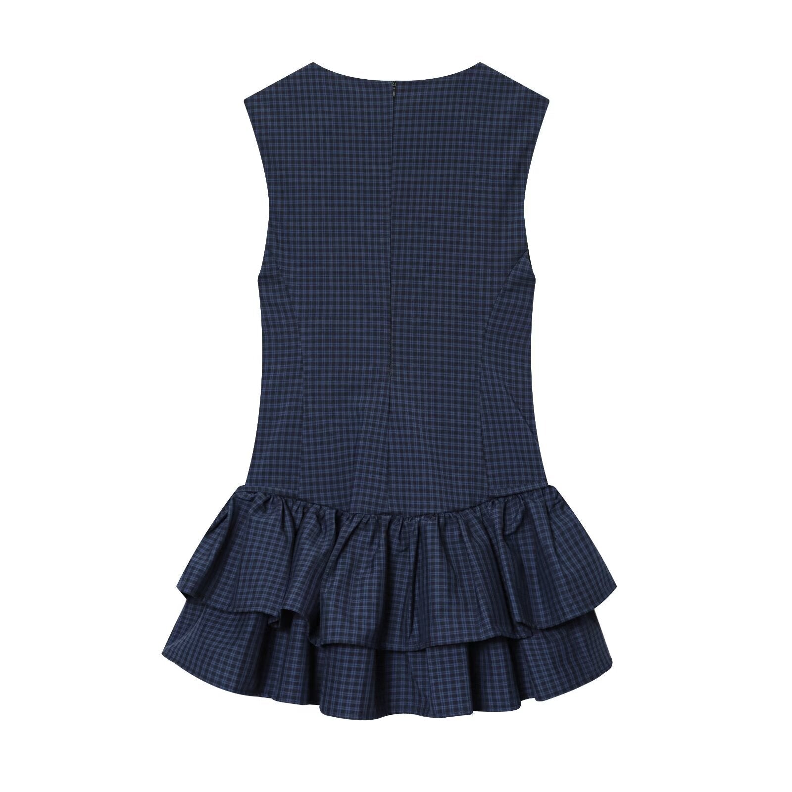 Women Clothing Autumn Sweet Romantic Plaid Laminated Decoration Short Dress
