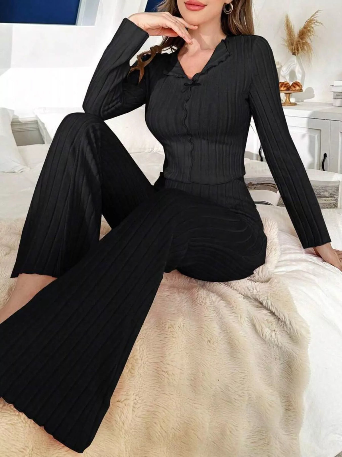 Bow Detail Ribbed Knit Top and Pants Lounge Set