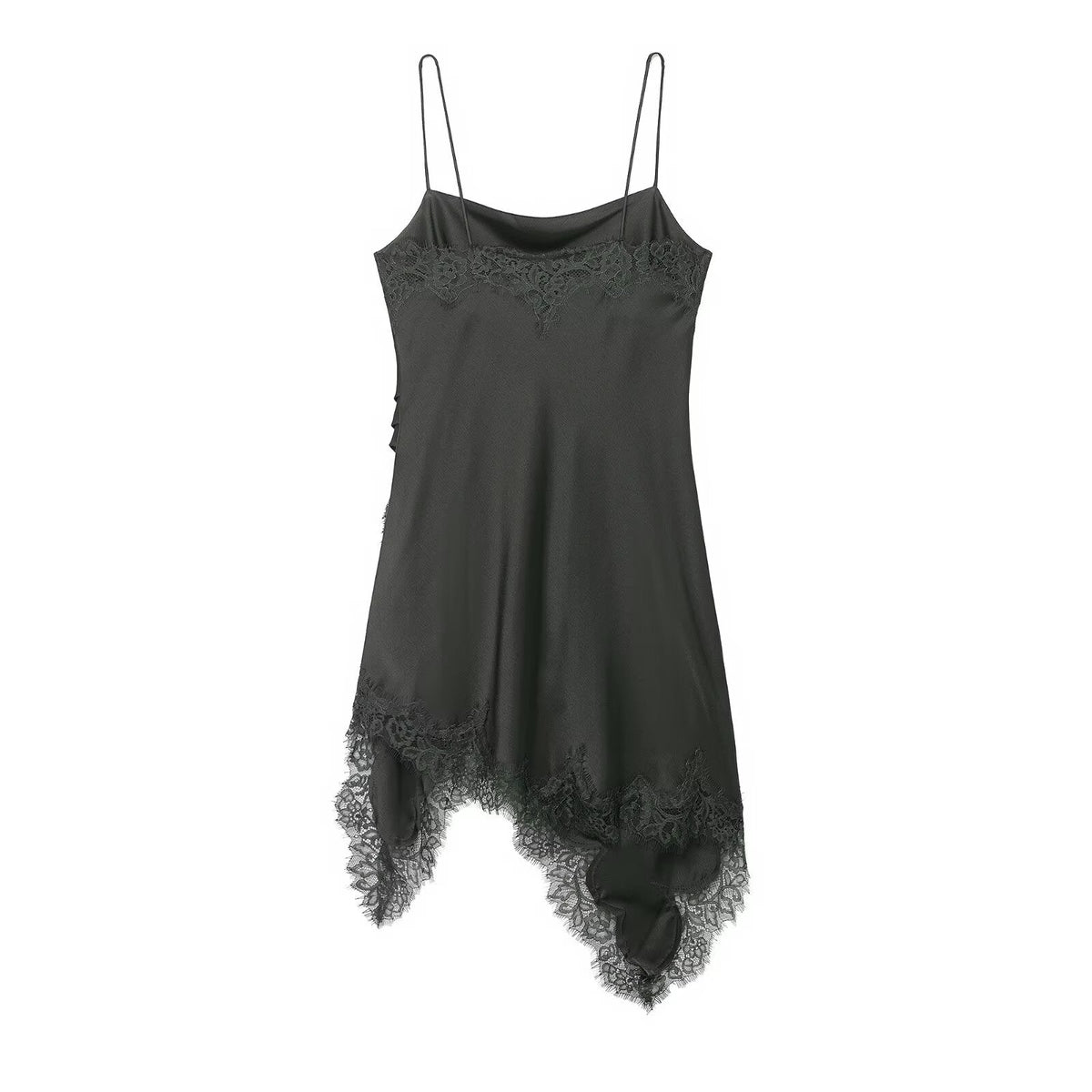 Elegant Boat Neck Irregular Asymmetric Spaghetti Strap Lace Stitching Dress Women