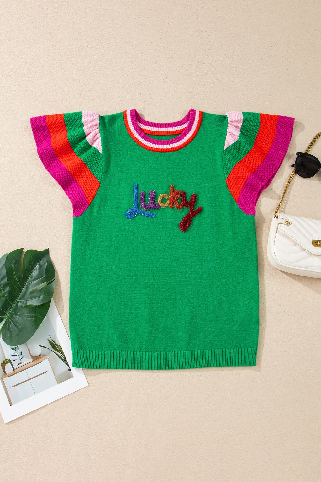 Lucky Stripe Flutter Sleeve Round Neck Sweater