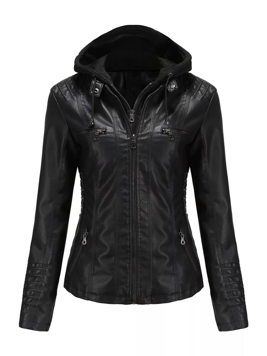 Full Size Detachable Hooded Faux Leather Moto Jacket Plus Size