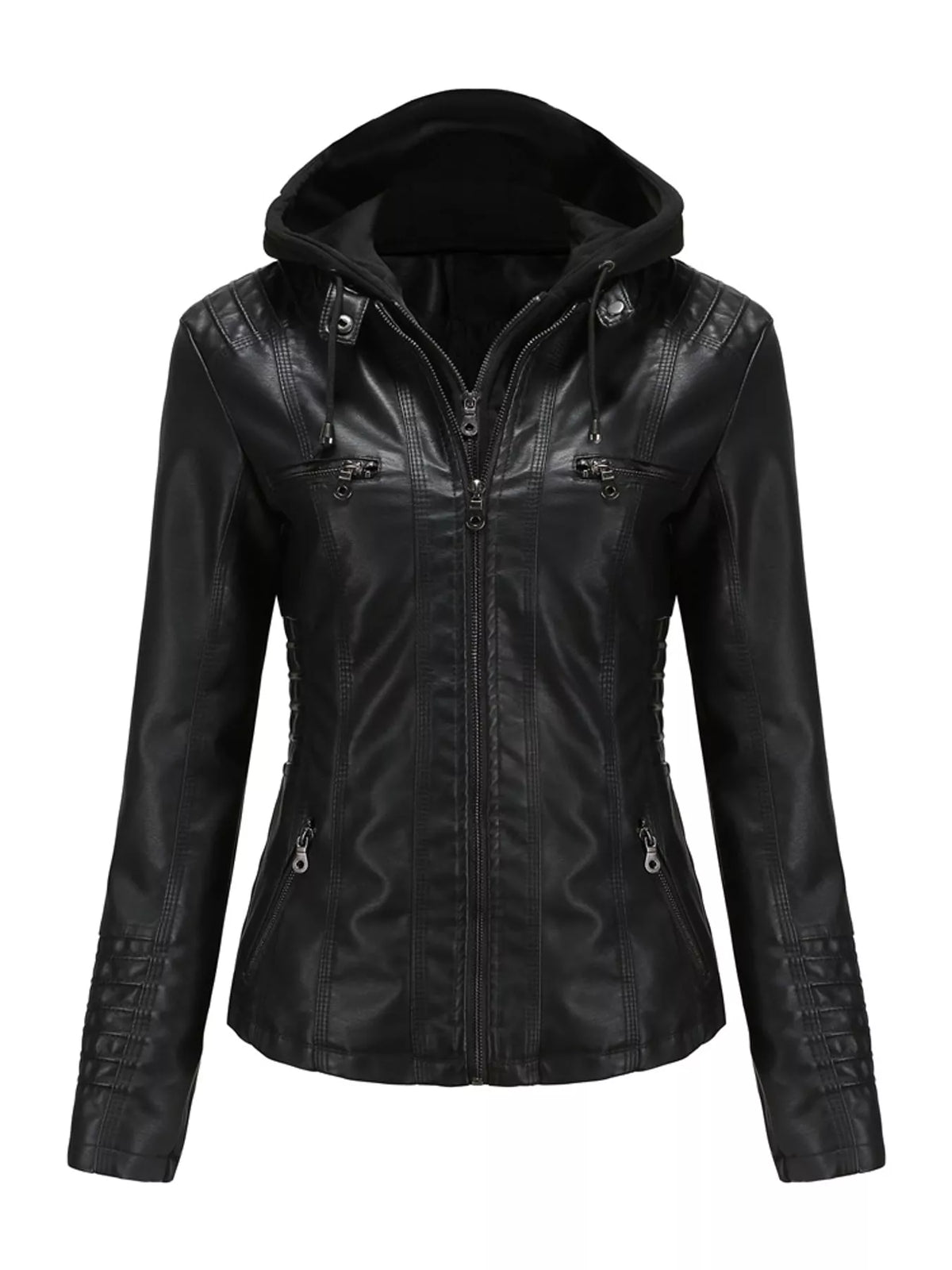 Full Size Detachable Hooded Faux Leather Moto Jacket Plus Size