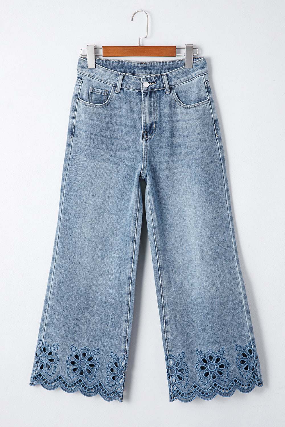 Solid Denim Embroidered Wide Leg Jeans