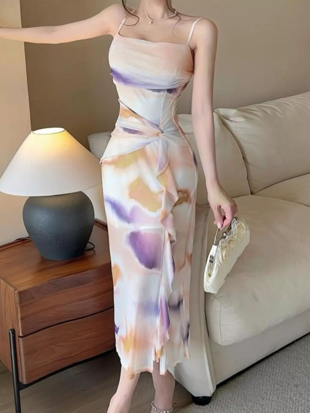 Abstract Watercolor Print Ruched Midi Dress