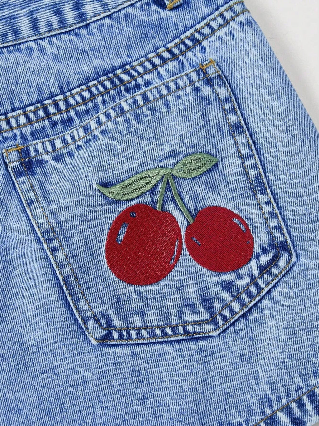 Cherry Embroidered Denim Shorts