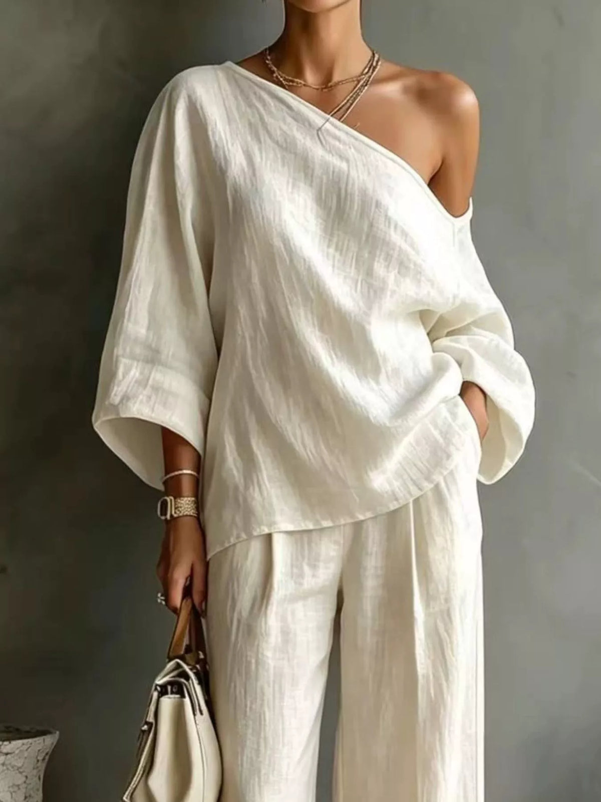 One Shoulder Top and Wide Leg Pants Set
