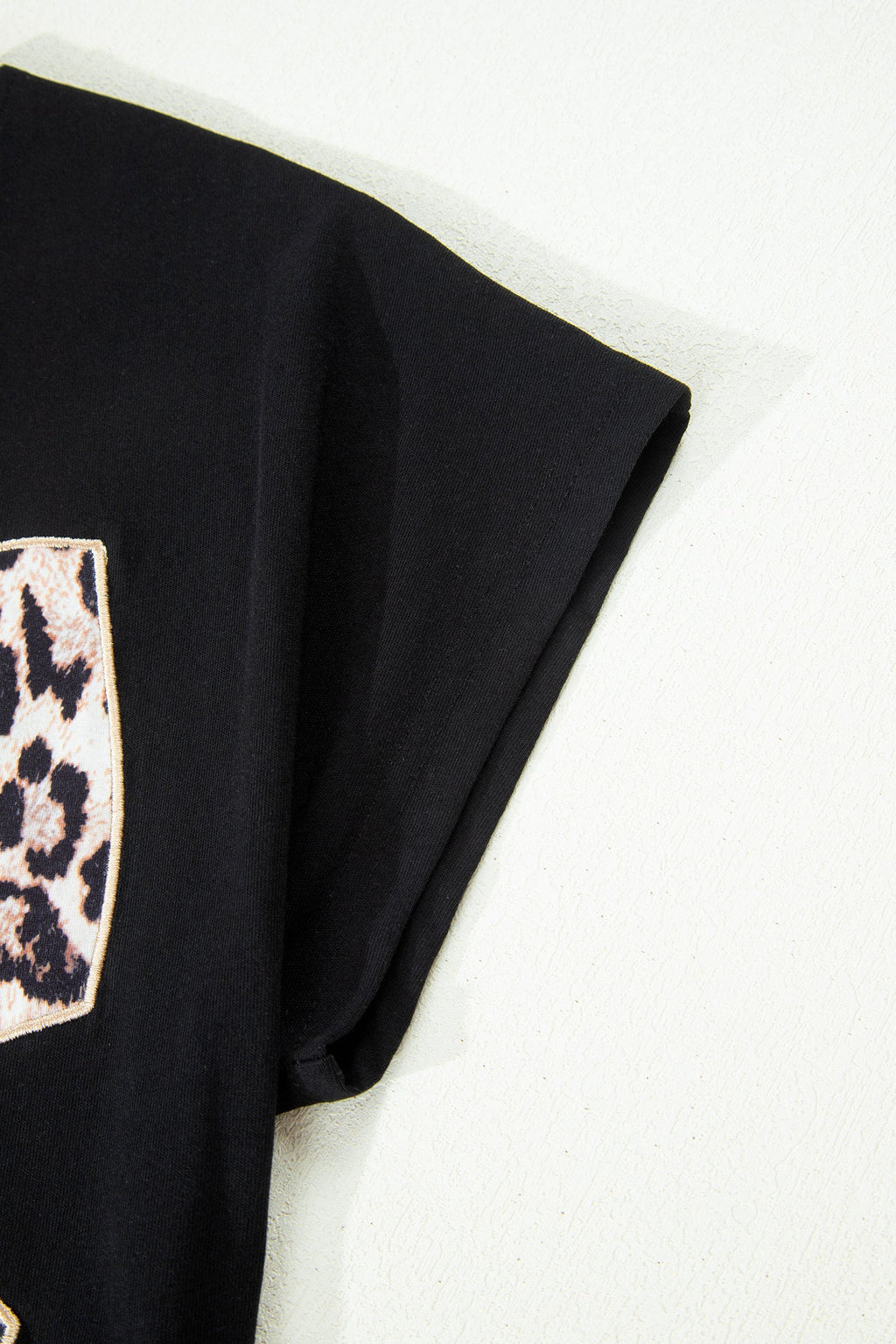 Black Leopard Bow Embroidered Cotton Round Neck T Shirt
