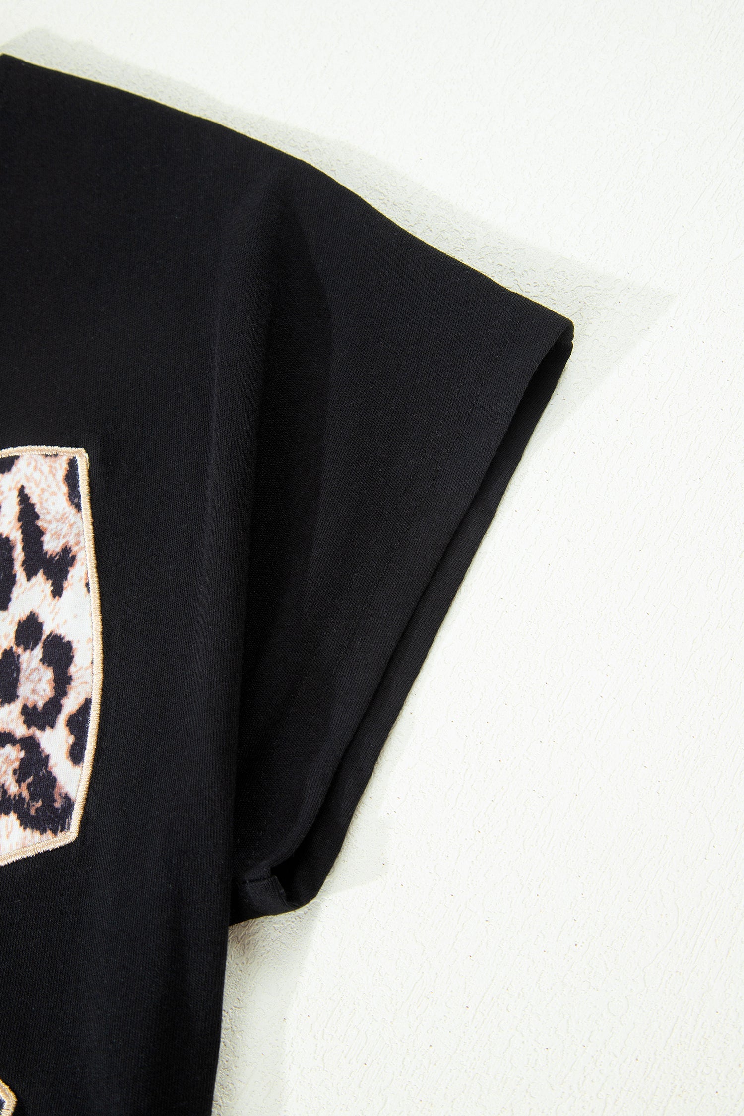 Black Leopard Bow Embroidered Cotton Round Neck T Shirt