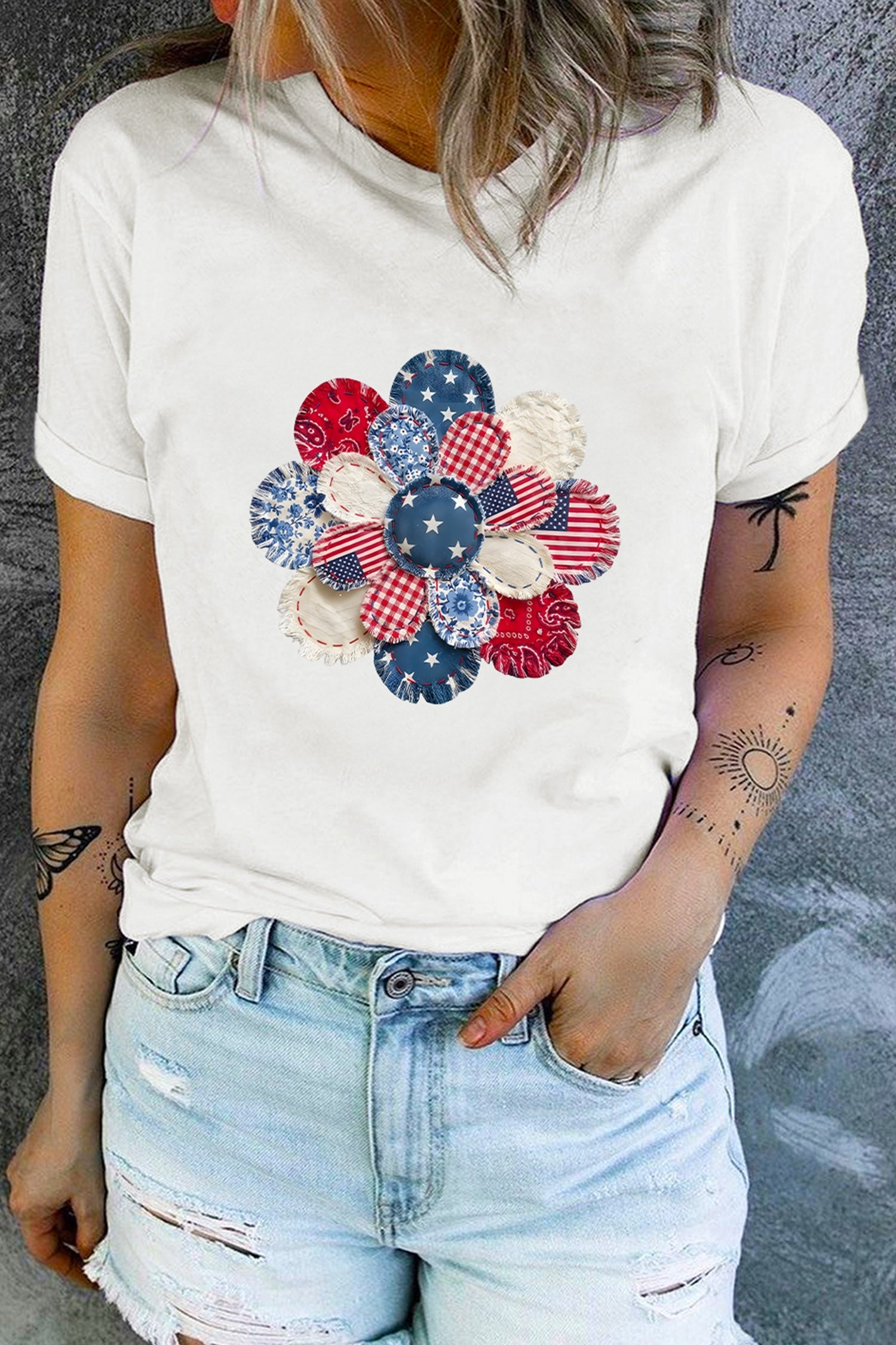 White Faux Patchwork Patriotic Flower Printed T Shirt